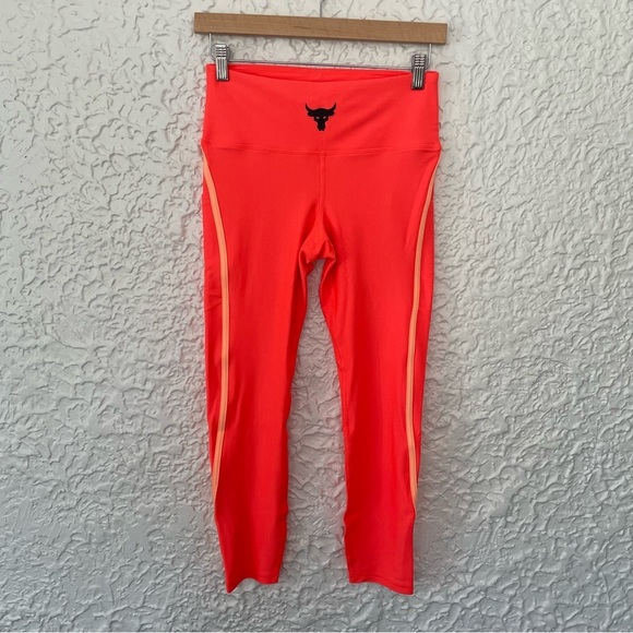Under Armour Project Rock Women’s Neon Orange Side Strip Compression Leggings M - Picture 2 of 8